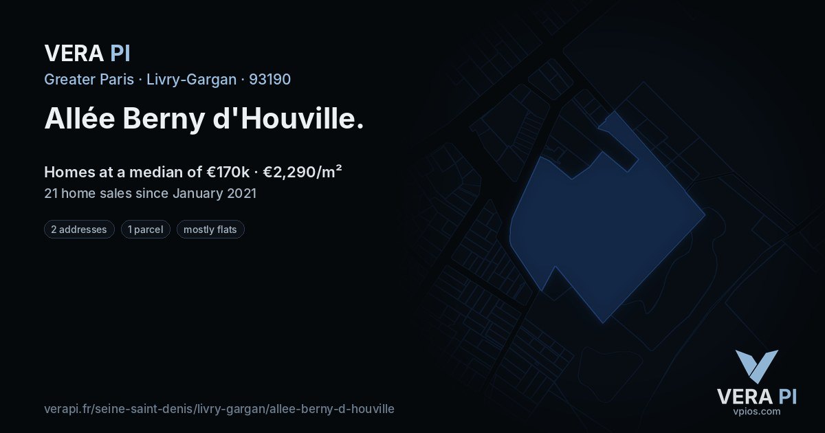 Allée Berny d'Houville, Livry-Gargan at night – every parcel coloured by the prices around it, the street's own parcels lit