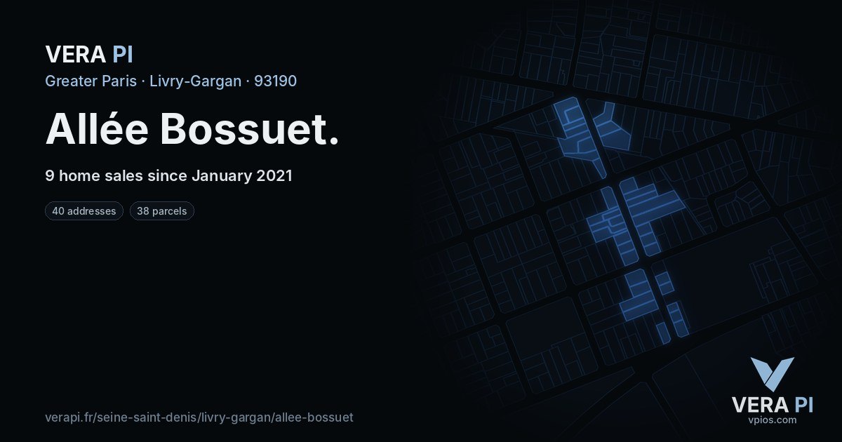 Allée Bossuet, Livry-Gargan at night – every parcel coloured by the prices around it, the street's own parcels lit