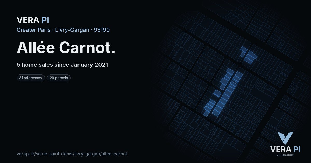 Allée Carnot, Livry-Gargan at night – every parcel coloured by the prices around it, the street's own parcels lit