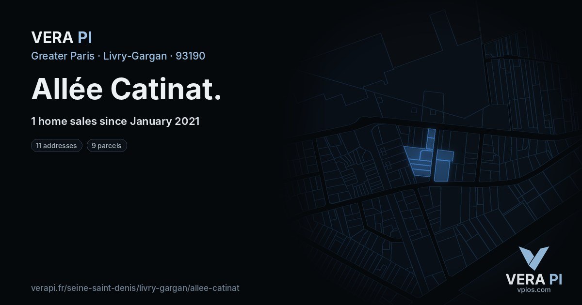 Allée Catinat, Livry-Gargan at night – every parcel coloured by the prices around it, the street's own parcels lit
