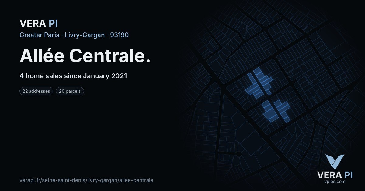 Allée Centrale, Livry-Gargan at night – every parcel coloured by the prices around it, the street's own parcels lit