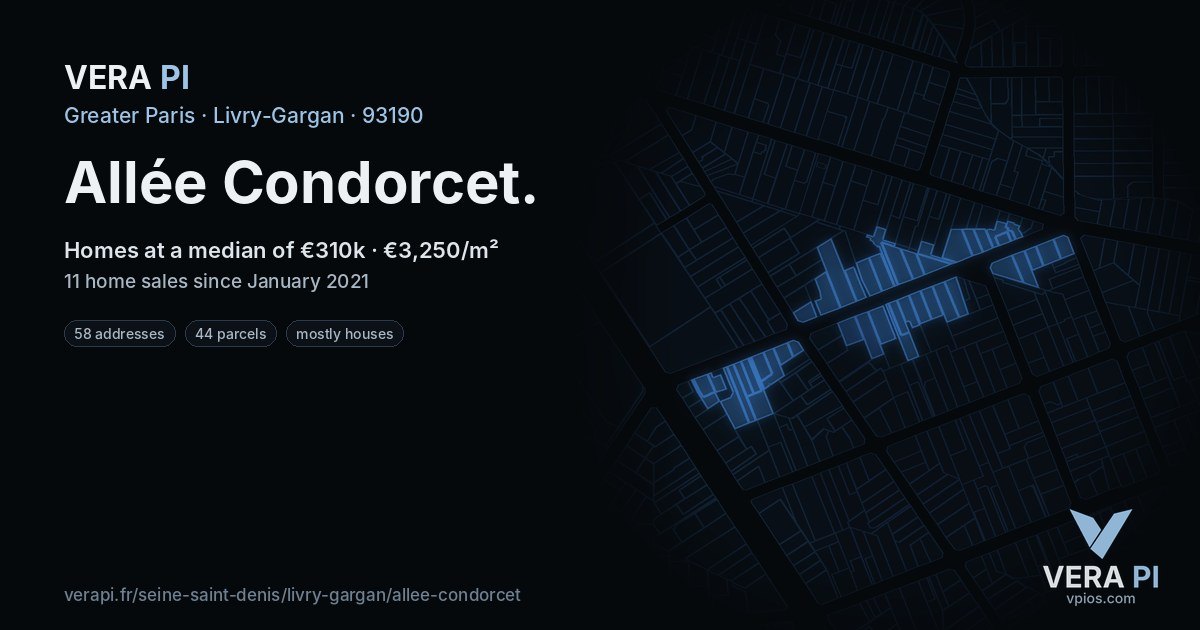 Allée Condorcet, Livry-Gargan at night – every parcel coloured by the prices around it, the street's own parcels lit