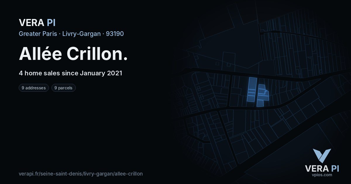 Allée Crillon, Livry-Gargan at night – every parcel coloured by the prices around it, the street's own parcels lit
