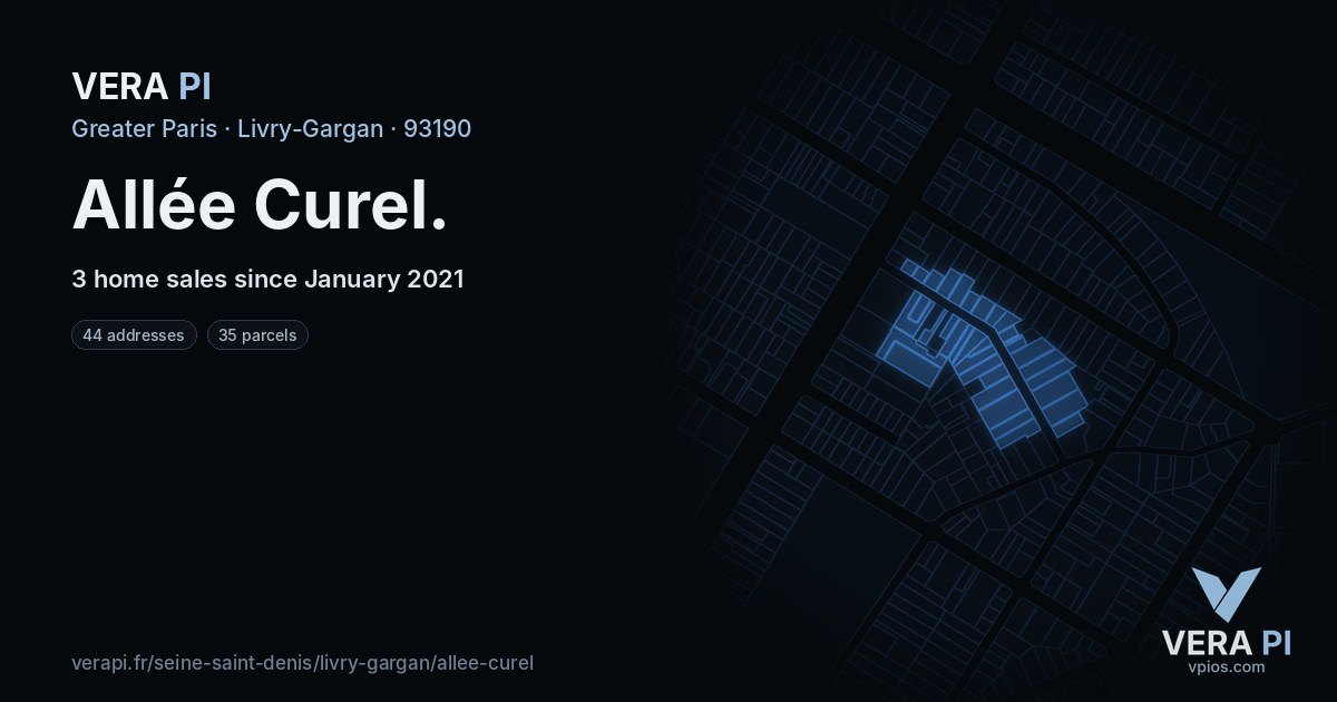 Allée Curel, Livry-Gargan at night – every parcel coloured by the prices around it, the street's own parcels lit