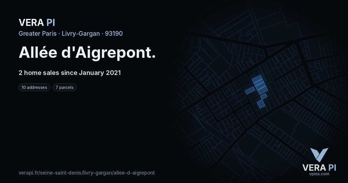 Allée d'Aigrepont, Livry-Gargan at night – every parcel coloured by the prices around it, the street's own parcels lit