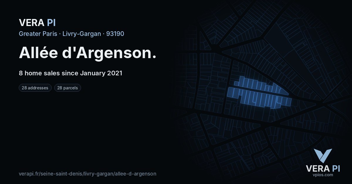 Allée d'Argenson, Livry-Gargan at night – every parcel coloured by the prices around it, the street's own parcels lit