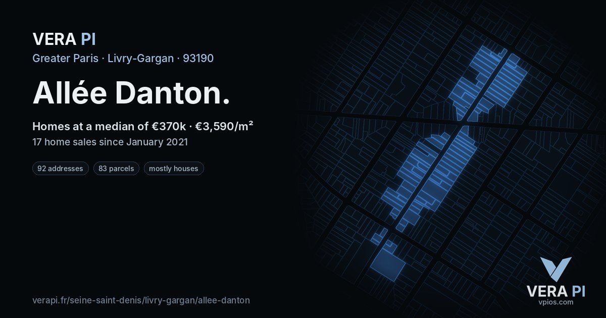 Allée Danton, Livry-Gargan at night – every parcel coloured by the prices around it, the street's own parcels lit