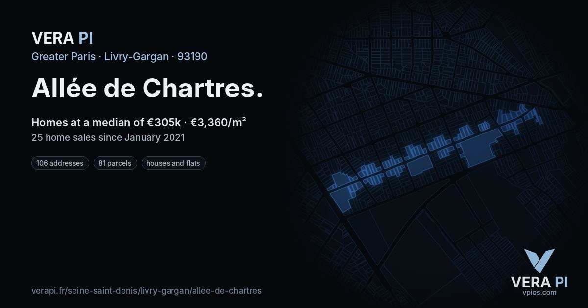 Allée de Chartres, Livry-Gargan at night – every parcel coloured by the prices around it, the street's own parcels lit