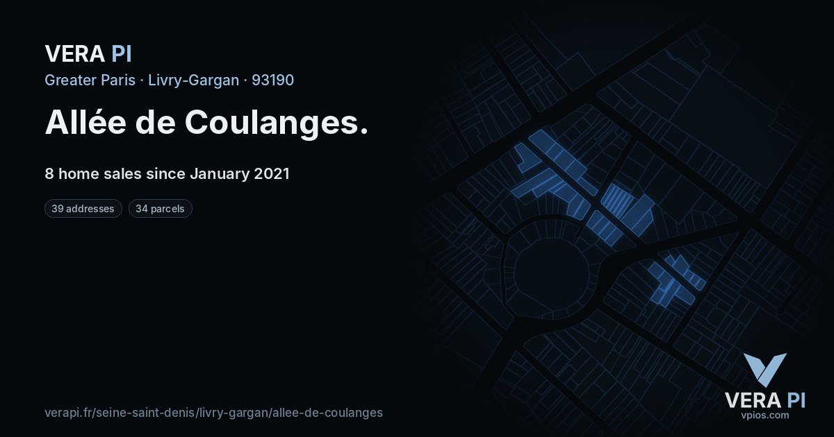 Allée de Coulanges, Livry-Gargan at night – every parcel coloured by the prices around it, the street's own parcels lit