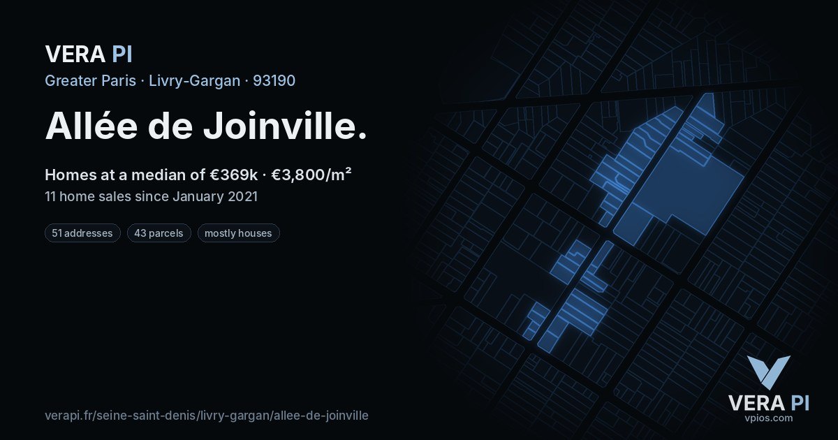 Allée de Joinville, Livry-Gargan at night – every parcel coloured by the prices around it, the street's own parcels lit