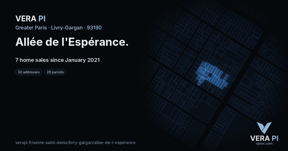 Allée de l'Espérance, Livry-Gargan at night – every parcel coloured by the prices around it, the street's own parcels lit