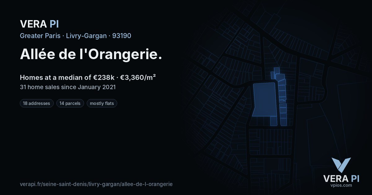 Allée de l'Orangerie, Livry-Gargan at night – every parcel coloured by the prices around it, the street's own parcels lit