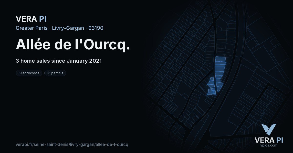 Allée de l'Ourcq, Livry-Gargan at night – every parcel coloured by the prices around it, the street's own parcels lit