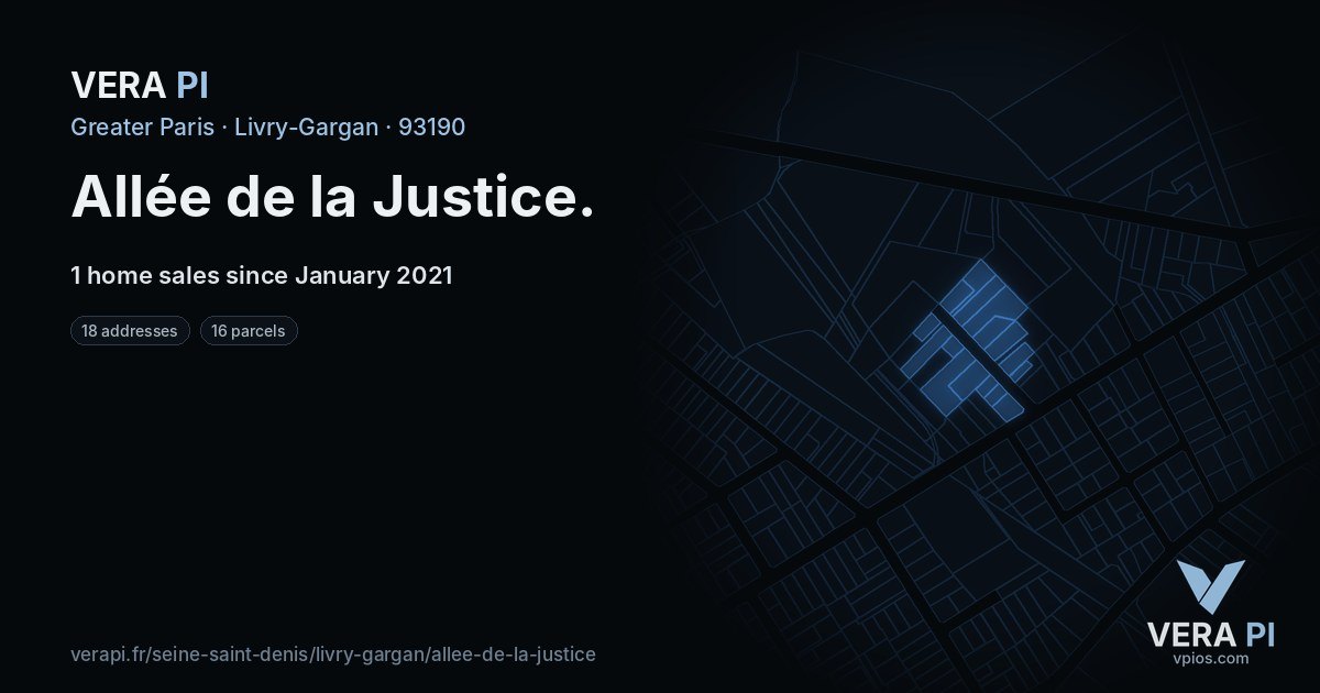 Allée de la Justice, Livry-Gargan at night – every parcel coloured by the prices around it, the street's own parcels lit