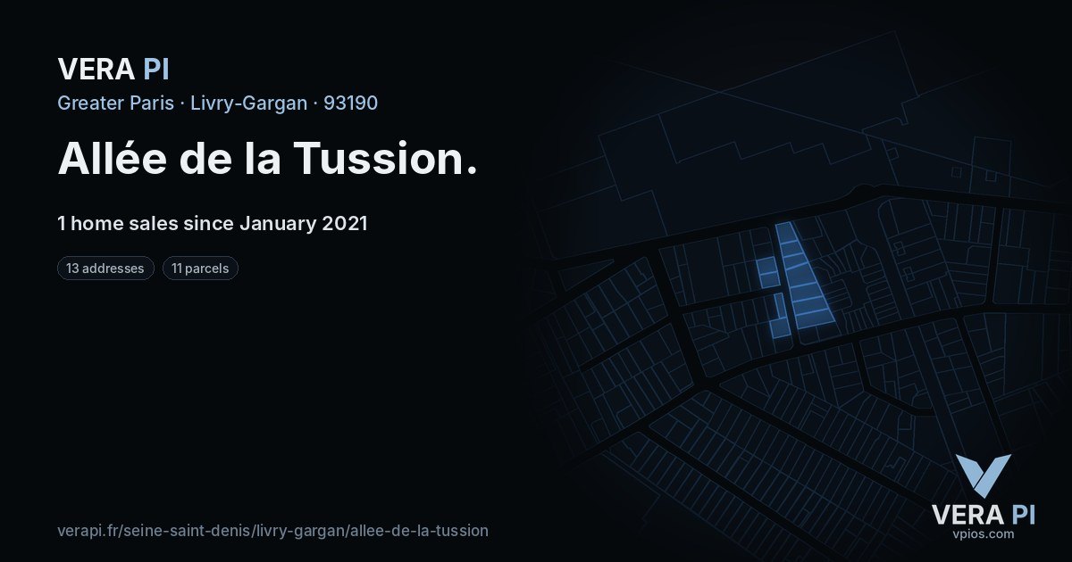 Allée de la Tussion, Livry-Gargan at night – every parcel coloured by the prices around it, the street's own parcels lit