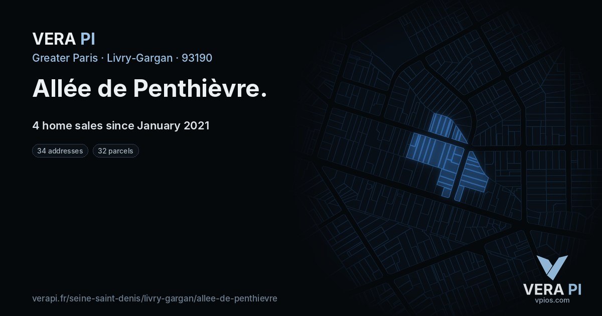 Allée de Penthièvre, Livry-Gargan at night – every parcel coloured by the prices around it, the street's own parcels lit