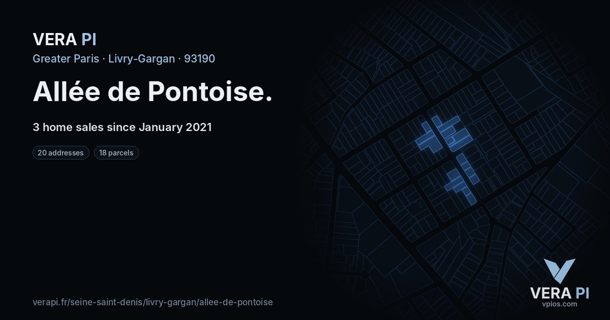 Allée de Pontoise, Livry-Gargan at night – every parcel coloured by the prices around it, the street's own parcels lit