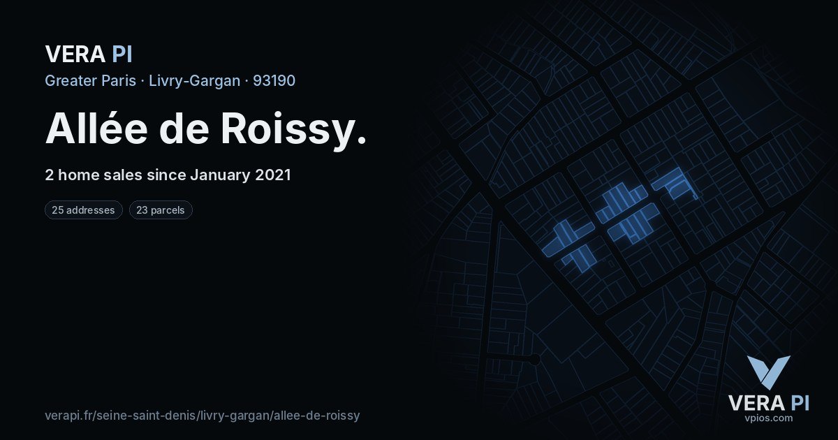 Allée de Roissy, Livry-Gargan at night – every parcel coloured by the prices around it, the street's own parcels lit