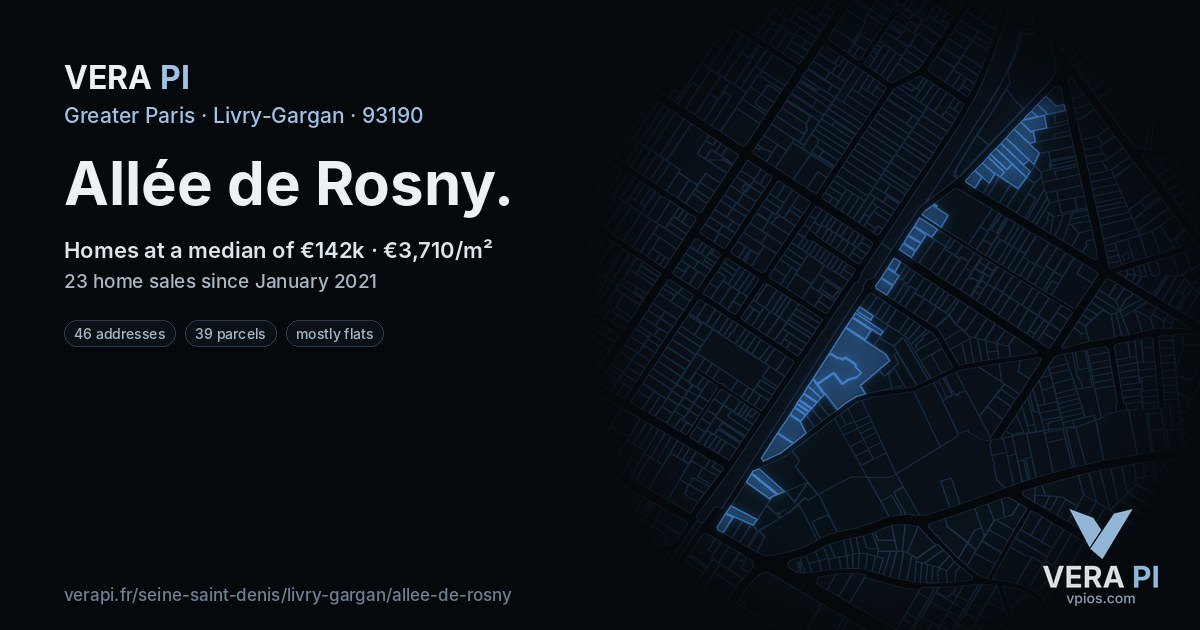 Allée de Rosny, Livry-Gargan at night – every parcel coloured by the prices around it, the street's own parcels lit