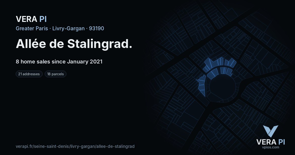 Allée de Stalingrad, Livry-Gargan at night – every parcel coloured by the prices around it, the street's own parcels lit