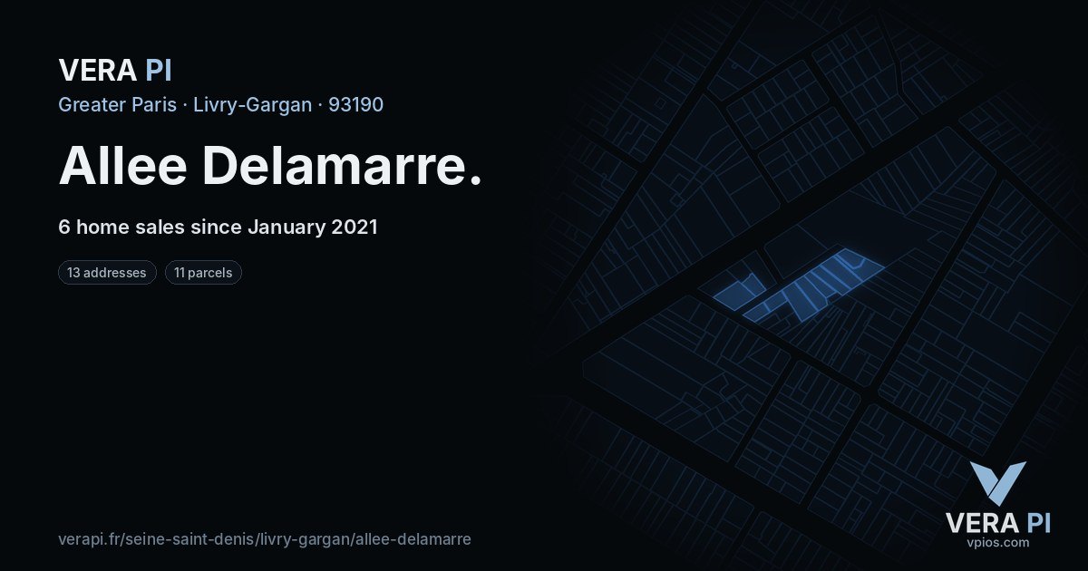 Allee Delamarre, Livry-Gargan at night – every parcel coloured by the prices around it, the street's own parcels lit