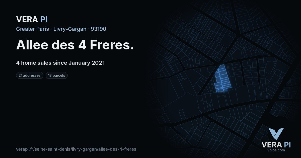 Allee des 4 Freres, Livry-Gargan at night – every parcel coloured by the prices around it, the street's own parcels lit