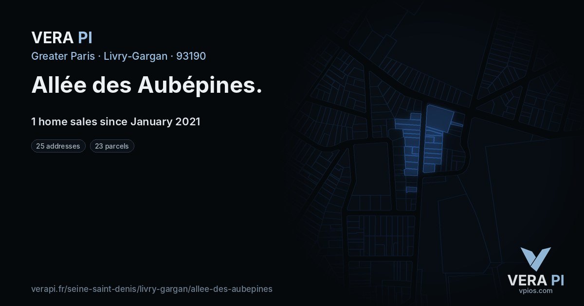 Allée des Aubépines, Livry-Gargan at night – every parcel coloured by the prices around it, the street's own parcels lit