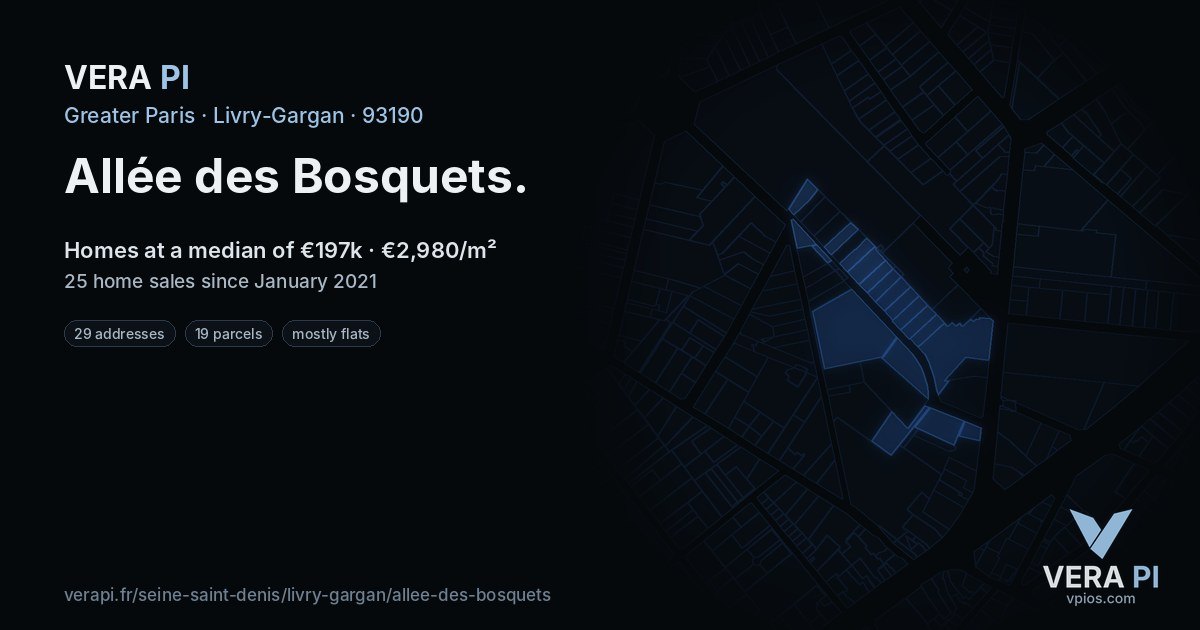 Allée des Bosquets, Livry-Gargan at night – every parcel coloured by the prices around it, the street's own parcels lit