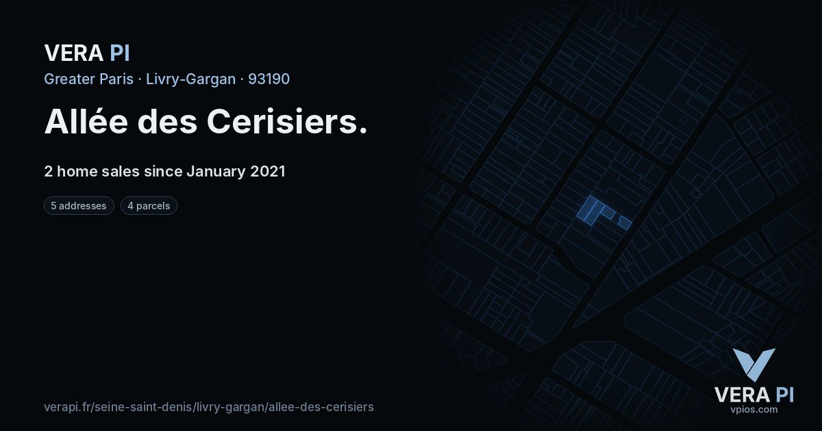 Allée des Cerisiers, Livry-Gargan at night – every parcel coloured by the prices around it, the street's own parcels lit