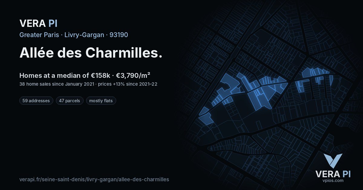 Allée des Charmilles, Livry-Gargan at night – every parcel coloured by the prices around it, the street's own parcels lit