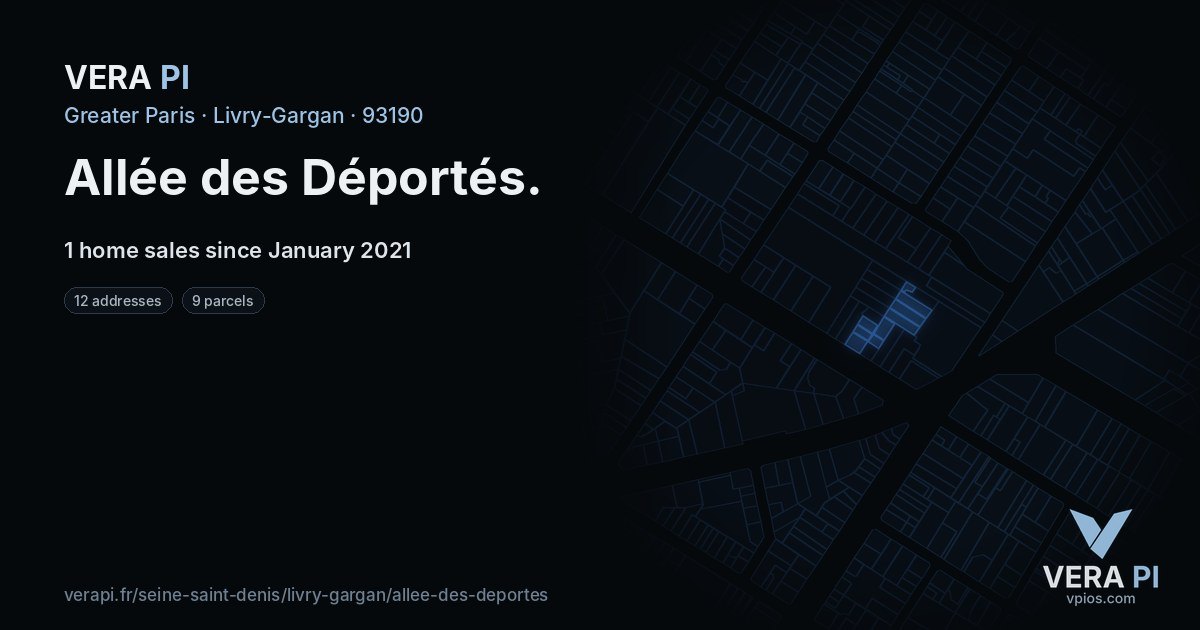 Allée des Déportés, Livry-Gargan at night – every parcel coloured by the prices around it, the street's own parcels lit