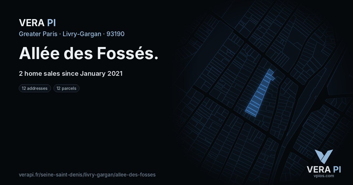 Allée des Fossés, Livry-Gargan at night – every parcel coloured by the prices around it, the street's own parcels lit