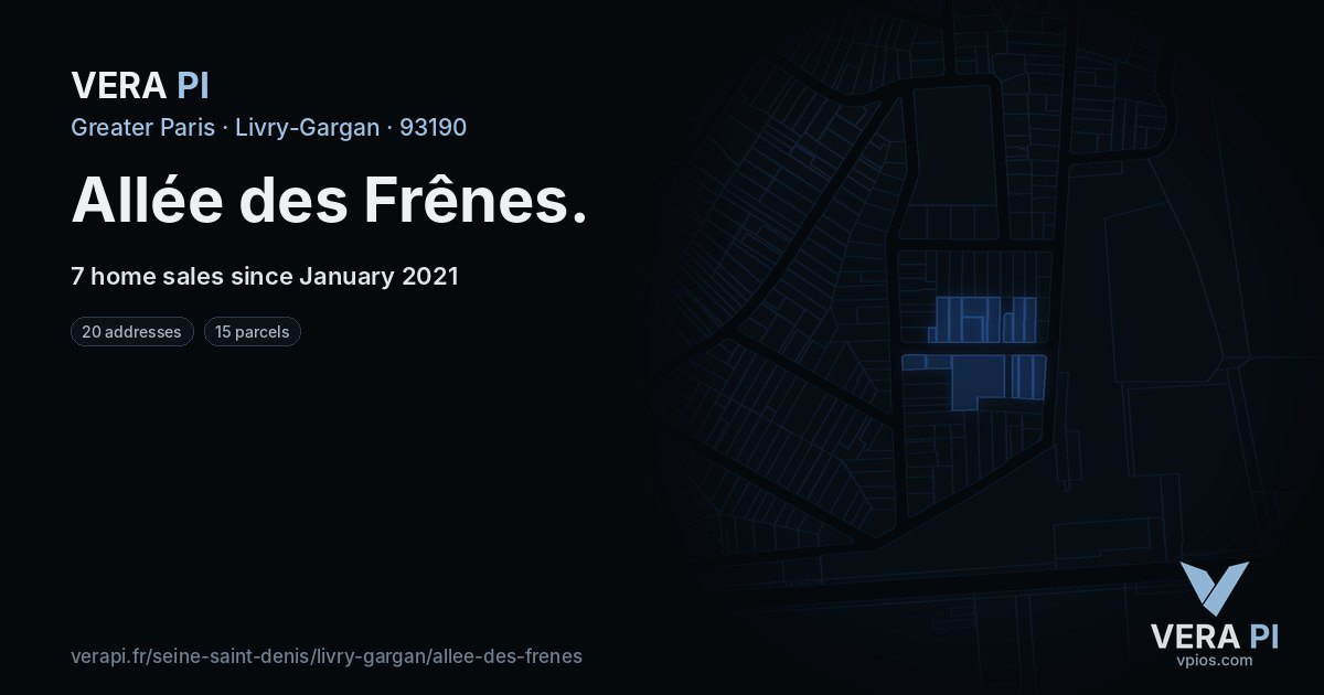 Allée des Frênes, Livry-Gargan at night – every parcel coloured by the prices around it, the street's own parcels lit