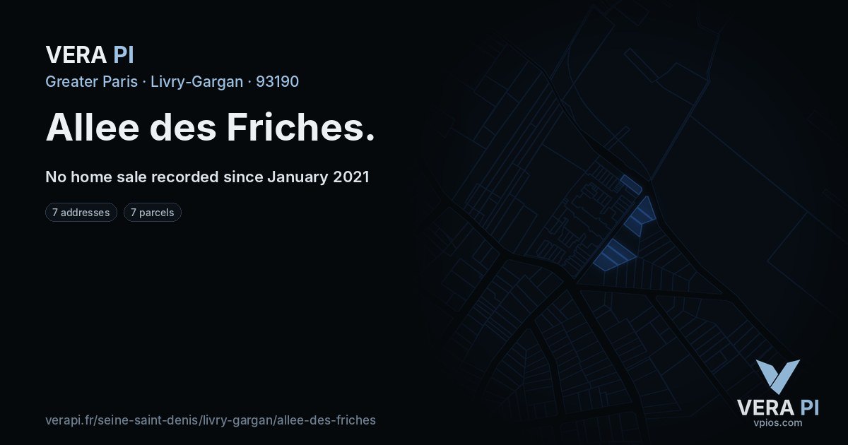 Allee des Friches, Livry-Gargan at night – every parcel coloured by the prices around it, the street's own parcels lit