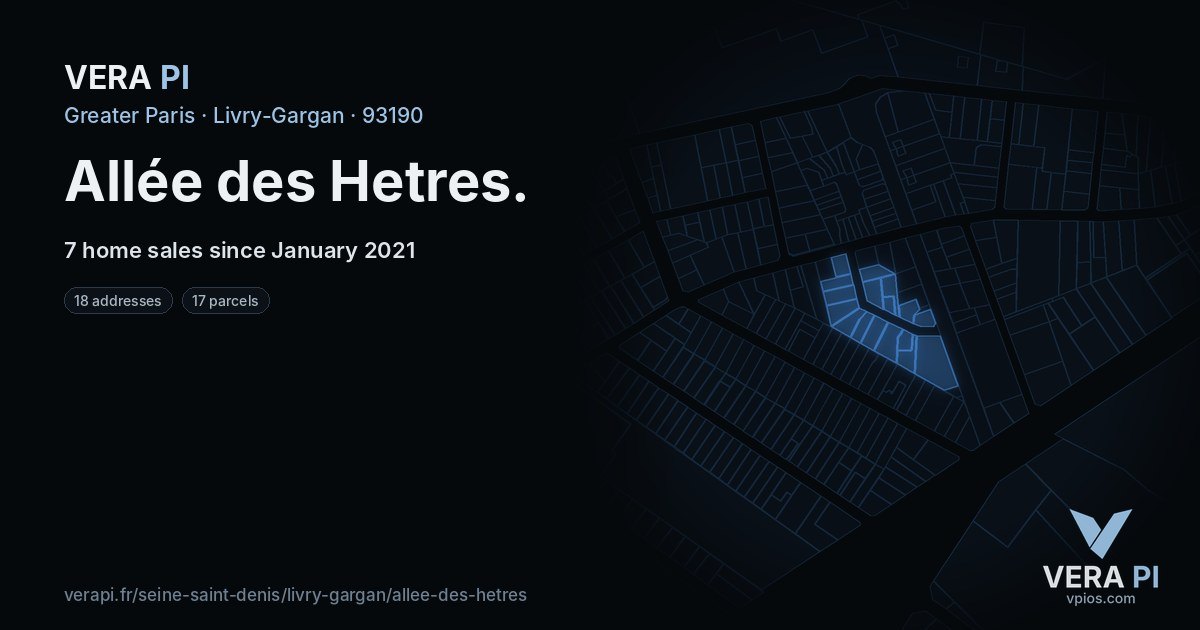 Allée des Hetres, Livry-Gargan at night – every parcel coloured by the prices around it, the street's own parcels lit
