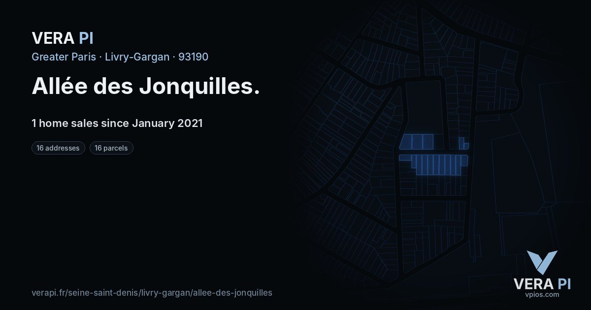 Allée des Jonquilles, Livry-Gargan at night – every parcel coloured by the prices around it, the street's own parcels lit