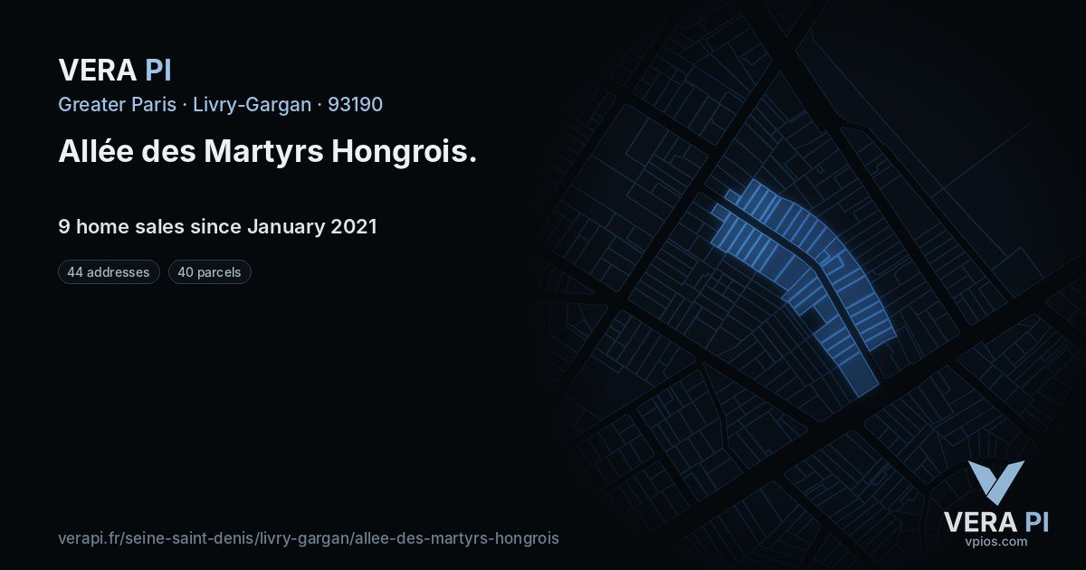 Allée des Martyrs Hongrois, Livry-Gargan at night – every parcel coloured by the prices around it, the street's own parcels lit