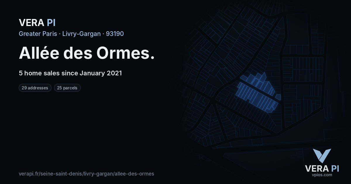 Allée des Ormes, Livry-Gargan at night – every parcel coloured by the prices around it, the street's own parcels lit