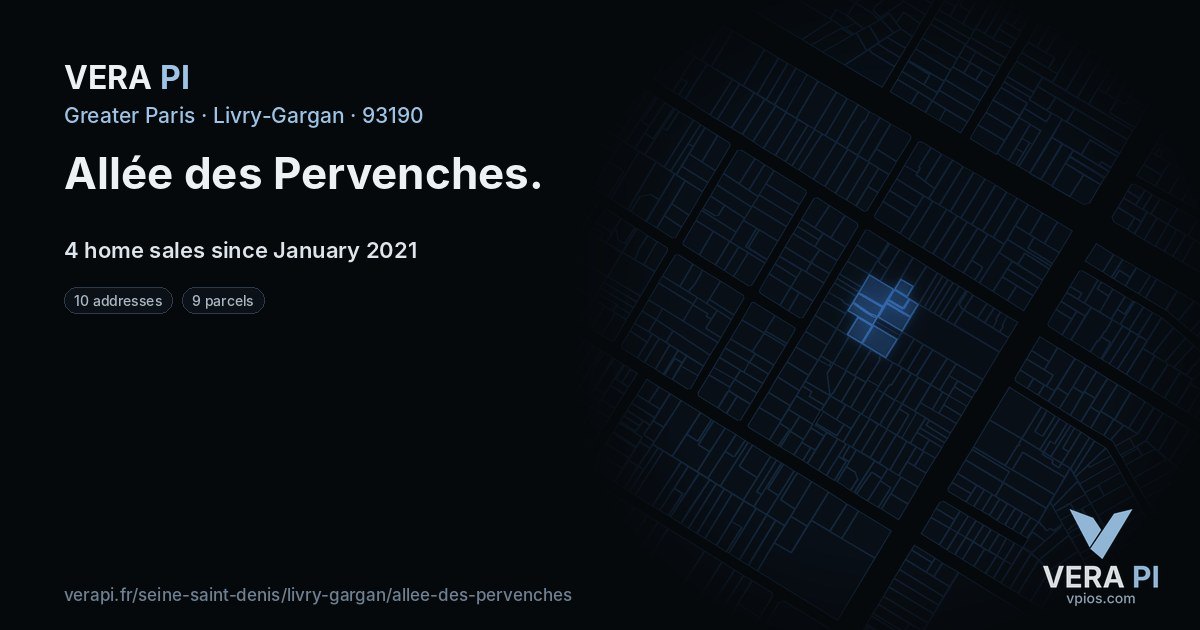 Allée des Pervenches, Livry-Gargan at night – every parcel coloured by the prices around it, the street's own parcels lit