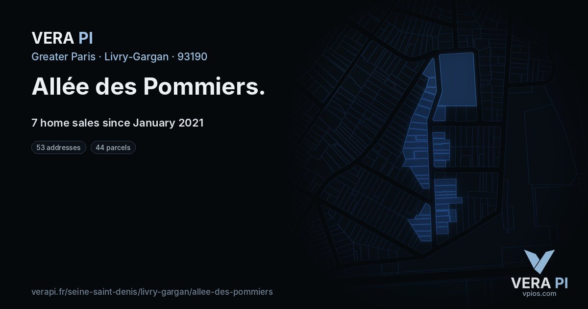 Allée des Pommiers, Livry-Gargan at night – every parcel coloured by the prices around it, the street's own parcels lit