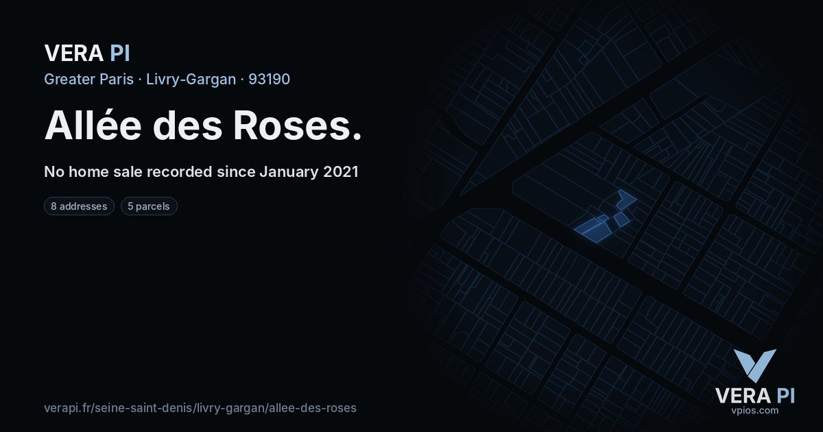 Allée des Roses, Livry-Gargan at night – every parcel coloured by the prices around it, the street's own parcels lit