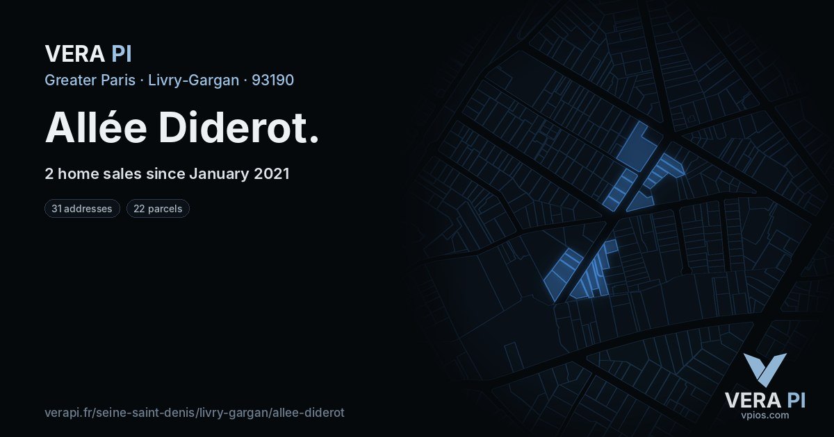 Allée Diderot, Livry-Gargan at night – every parcel coloured by the prices around it, the street's own parcels lit