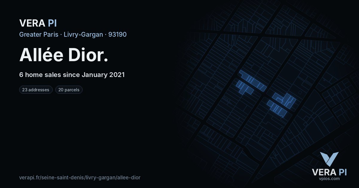 Allée Dior, Livry-Gargan at night – every parcel coloured by the prices around it, the street's own parcels lit