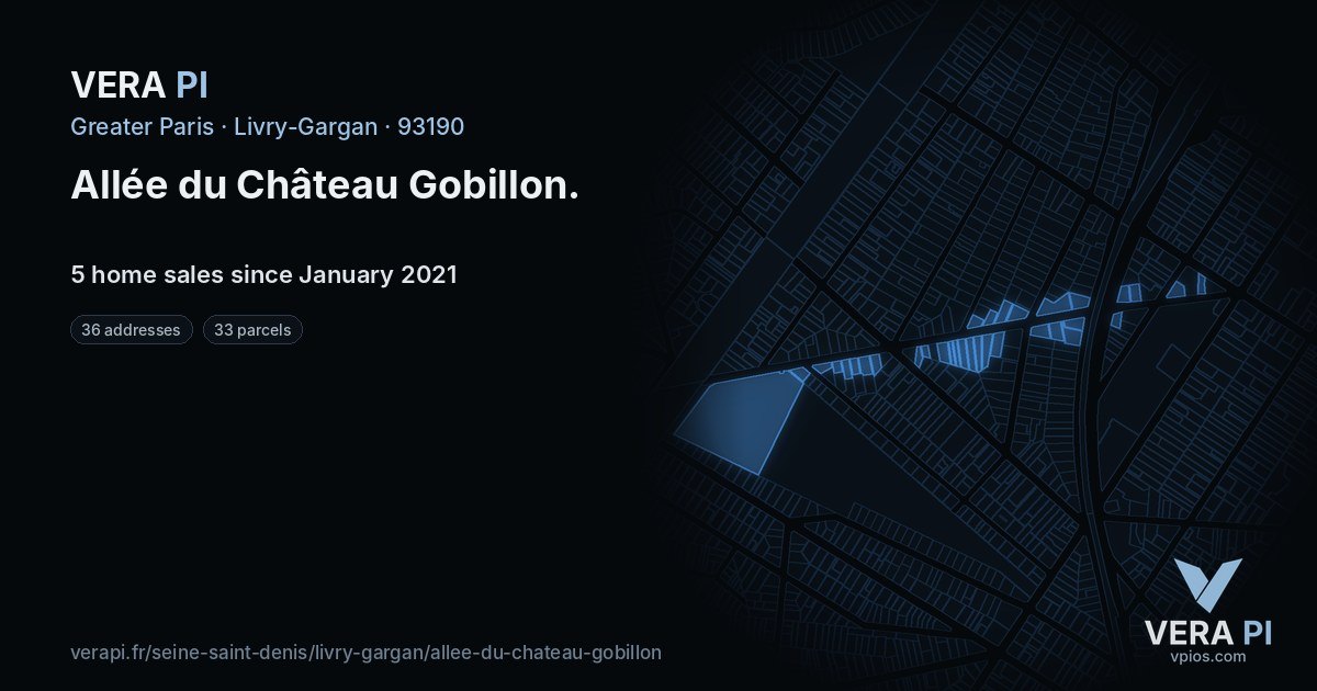 Allée du Château Gobillon, Livry-Gargan at night – every parcel coloured by the prices around it, the street's own parcels lit