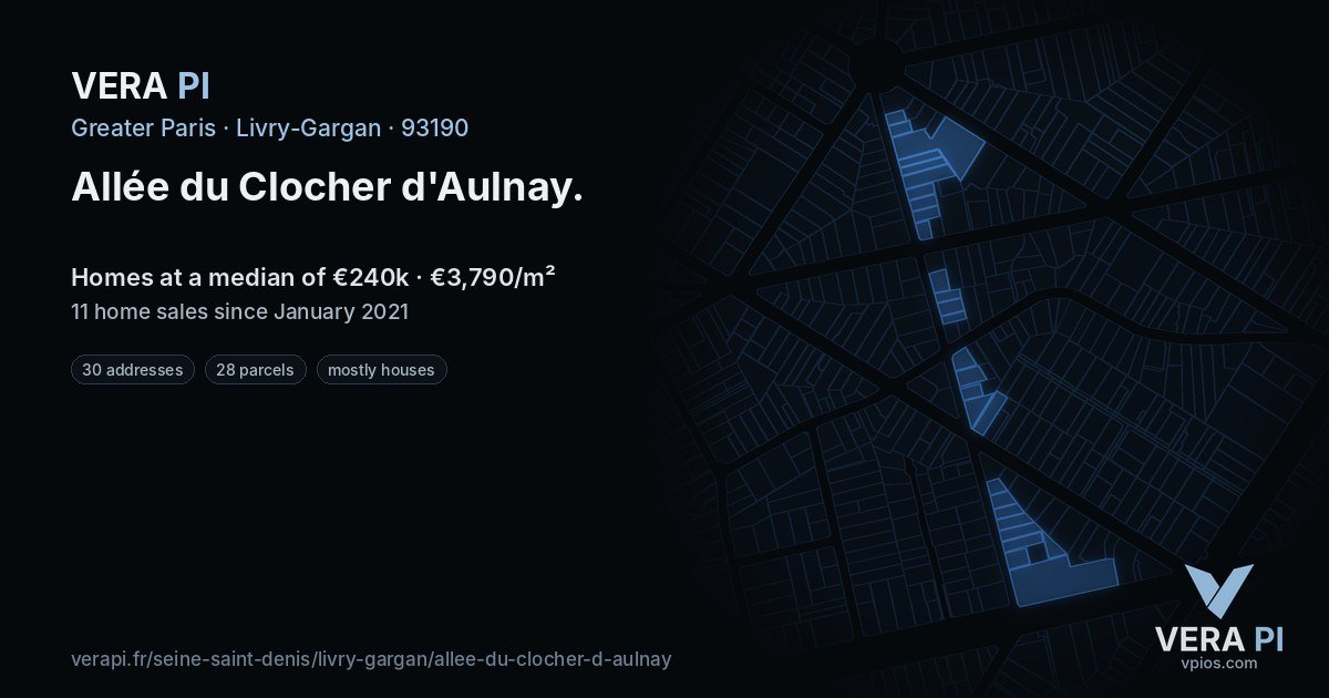 Allée du Clocher d'Aulnay, Livry-Gargan at night – every parcel coloured by the prices around it, the street's own parcels lit