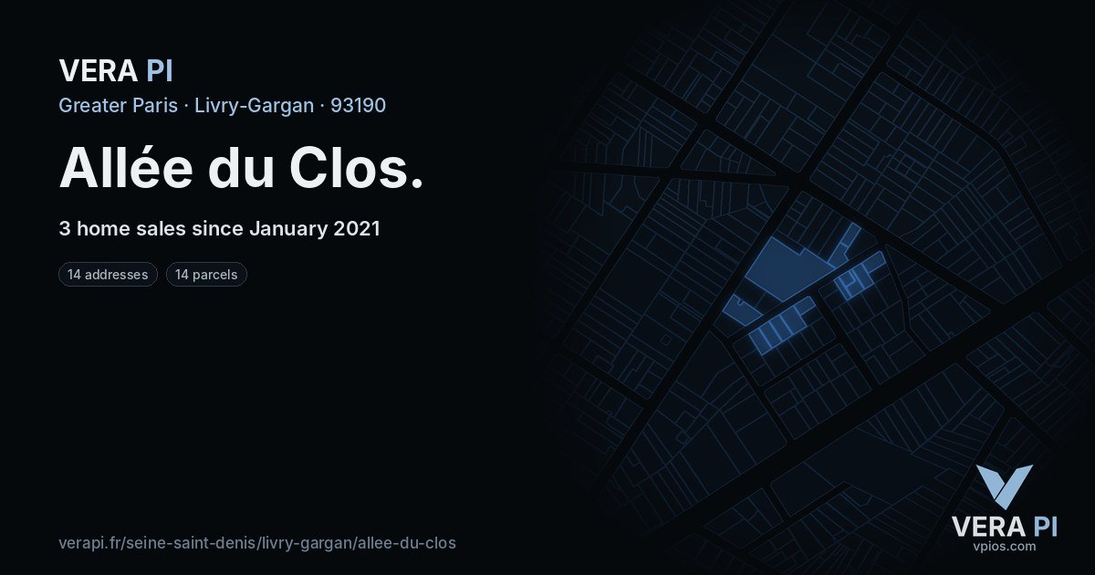 Allée du Clos, Livry-Gargan at night – every parcel coloured by the prices around it, the street's own parcels lit