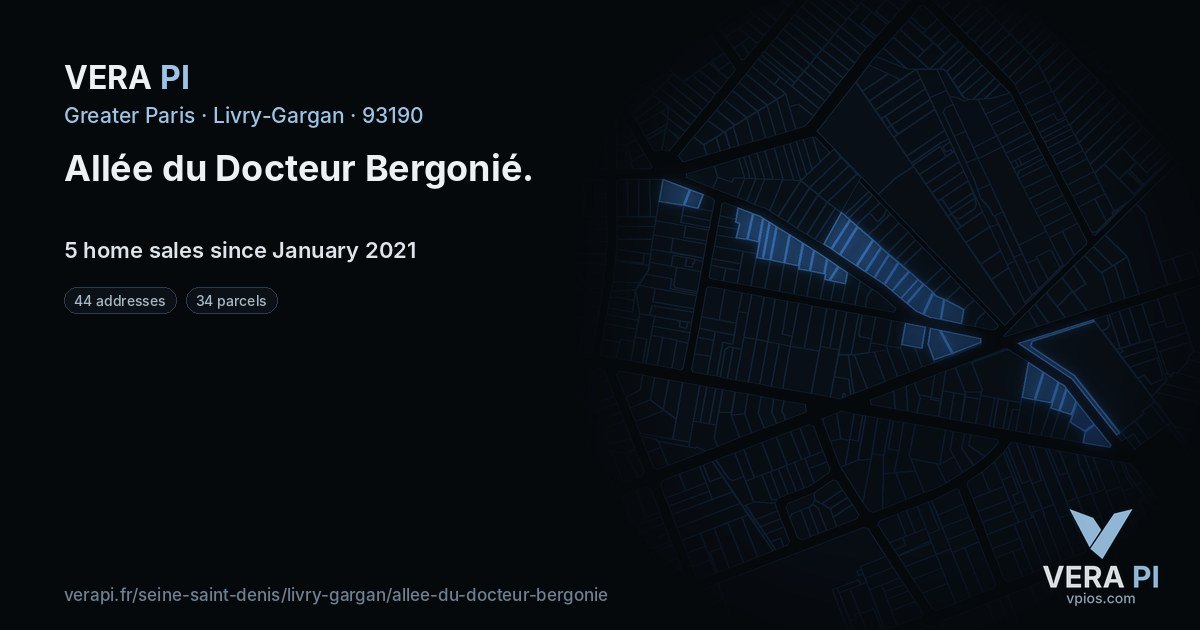 Allée du Docteur Bergonié, Livry-Gargan at night – every parcel coloured by the prices around it, the street's own parcels lit