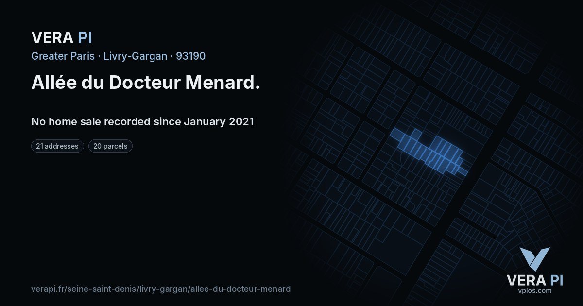 Allée du Docteur Menard, Livry-Gargan at night – every parcel coloured by the prices around it, the street's own parcels lit
