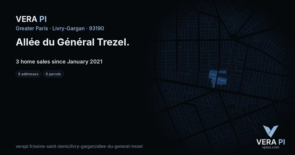 Allée du Général Trezel, Livry-Gargan at night – every parcel coloured by the prices around it, the street's own parcels lit