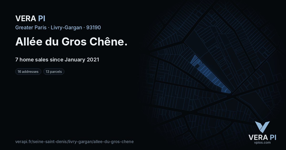 Allée du Gros Chêne, Livry-Gargan at night – every parcel coloured by the prices around it, the street's own parcels lit